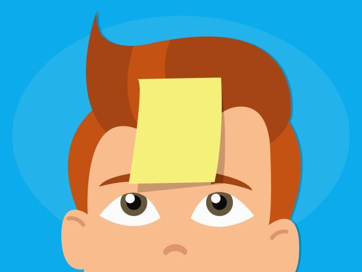 Tegning af mand med post-it note I panden 